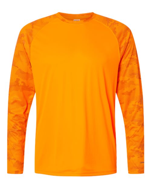 Paragon 216P Cayman Performance Camo Colorblocked Long Sleeve T-Shirt #color_Neon Orange